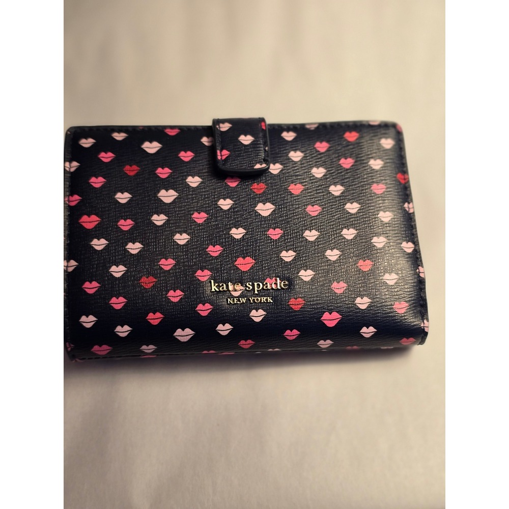 Kate Spade New York Lip Print Bifold Wallet Navy Pink Red Leather Compact Zipper